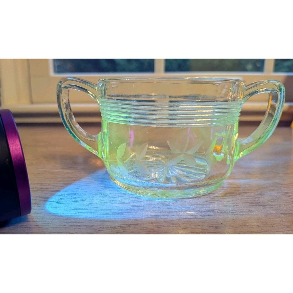 Vintage Manganese Glass Sugar Bowl Etched Floral Starburst Base UV Reactive